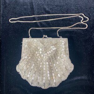 Cute Champagne Sequined Evening Clutch Purse with Silver Kiss Lock Closure,